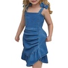 image:imageGORGLITTER Girls Denim Ruffle Dress Cute Bow Square Neck Ruched A Line Summer Vacation Short Jean DressBlue