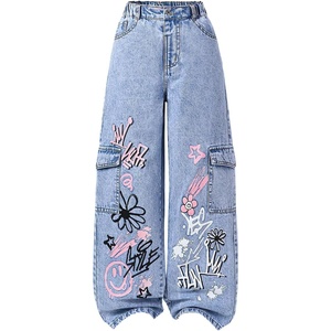 image:imageGORGLITTER Girls Baggy Jeans Straight Wide Leg Denim Cargo Jogger PantsLight Blue Graphic