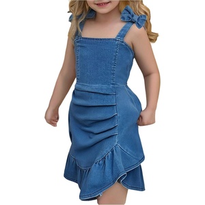 image:imageGORGLITTER Girls Denim Ruffle Dress Cute Bow Square Neck Ruched A Line Summer Vacation Short Jean DressBlue