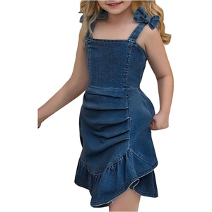 image:imageGORGLITTER Girls Denim Ruffle Dress Cute Bow Square Neck Ruched A Line Summer Vacation Short Jean DressDark Wash