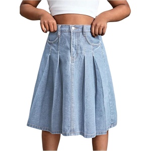image:imageGORGLITTER Girls Denim Skirts Pleated A Line Ruffle Summer Casual Midi Jean Skirt with Pockets TrendyMedium Wash