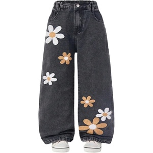 image:imageGORGLITTER Girls Floral Baggy Wide Leg Jeans Zipper Fly Washed Denim PantsBlack