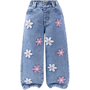 image:imageGORGLITTER Girls Floral Baggy Wide Leg Jeans Zipper Fly Washed Denim PantsBlue