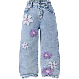 image:imageGORGLITTER Girls Floral Baggy Wide Leg Jeans Zipper Fly Washed Denim PantsLight Blue