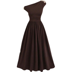 image:imageGORGLITTER Girls Off The Shoulder Dress Metal Ruched Sleeveless Elegant Summer Wedding Guest Graduation Maxi DressesBrown