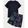 image:imageGORGLITTER Mens 2 Piece Short Set Hawaiian Cruise Beach Vacation OutfitsBlack and Navy Blue Leaf