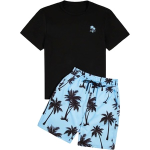 image:imageGORGLITTER Mens 2 Piece Short Set Hawaiian Cruise Beach Vacation OutfitsBlack and Light Blue