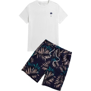 image:imageGORGLITTER Mens 2 Piece Short Set Hawaiian Cruise Beach Vacation OutfitsWhite and Navy Blue Leaf