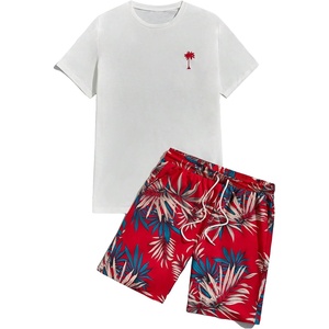 image:imageGORGLITTER Mens 2 Piece Short Set Hawaiian Cruise Beach Vacation OutfitsWhite and Red Leaf