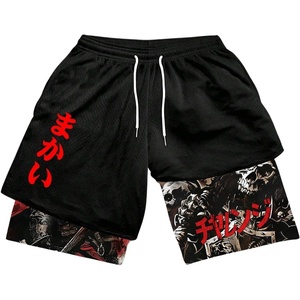image:imageGORGLITTER Mens 2 in 1 Anime Graphic Gym Shorts Basketball Workout ShortsBlack Japanese Letter