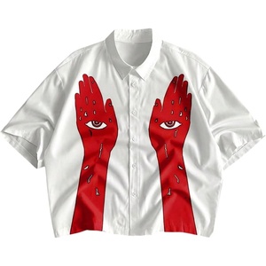 image:imageGORGLITTER Mens Boxy Cropped Shirts Button Up Y2K Graphic Baggy StreetwearWhite and Red