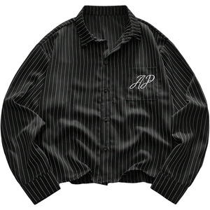 image:imageGORGLITTER Mens Button Down Cropped Shirts Striped Long Sleeve Crop TopsBlack