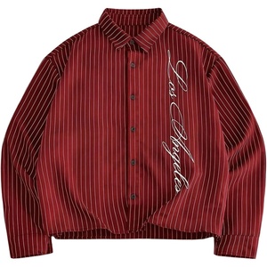 image:imageGORGLITTER Mens Button Down Cropped Shirts Striped Long Sleeve Crop TopsRed