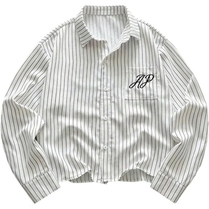 image:imageGORGLITTER Mens Button Down Cropped Shirts Striped Long Sleeve Crop TopsWhite Graphic