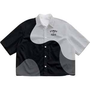 image:imageGORGLITTER Mens Button Up Cropped Shirt Boxy Y2K Cool Streetwear Crop TopBlack and Grey
