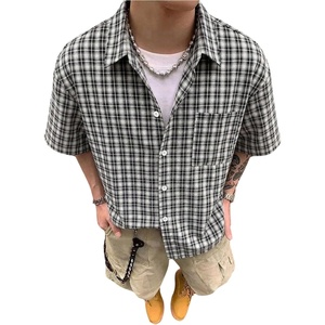 image:imageGORGLITTER Mens Cropped Shirt Button Up Plaid Boxy Short Sleeve Crop TopBlack White