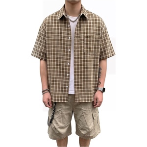 image:imageGORGLITTER Mens Cropped Shirt Button Up Plaid Boxy Short Sleeve Crop TopBrown