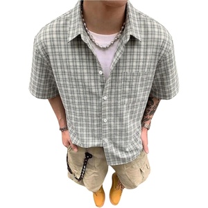 image:imageGORGLITTER Mens Cropped Shirt Button Up Plaid Boxy Short Sleeve Crop TopGreen