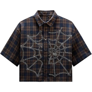 image:imageGORGLITTER Mens Cropped Shirt Casual Button Up Plaid Boxy Oversized Collar Short Sleeve Checkered Crop Tops StreetwearBlue
