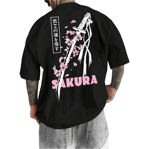 image:imageGORGLITTER Mens Japanese Graphic Tshirts Oversized Drop Shoulder T ShirtBlack Sword  Cherry Blossom