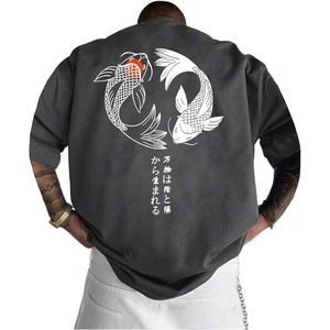 image:imageGORGLITTER Mens Japanese Graphic Tshirts Oversized Drop Shoulder T ShirtDark Grey Fish  Letter