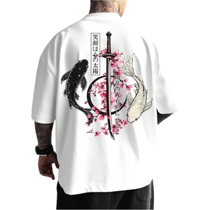 image:imageGORGLITTER Mens Japanese Graphic Tshirts Oversized Drop Shoulder T ShirtWhite Koi Fish  Samurai Sword