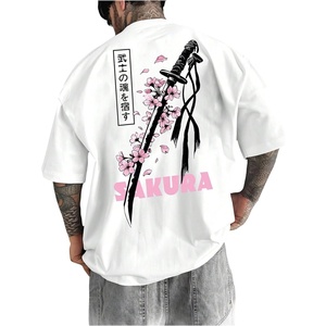 image:imageGORGLITTER Mens Japanese Graphic Tshirts Oversized Drop Shoulder T ShirtWhite Sword  Cherry Blossom