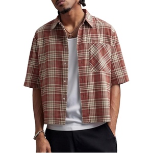 image:imageGORGLITTER Mens Plaid Cropped Shirt Button Up Y2K Vintage Crop Tops TeeRed