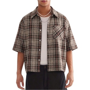 image:imageGORGLITTER Mens Plaid Cropped Shirt Button Up Y2K Vintage Crop Tops TeeRust Brown