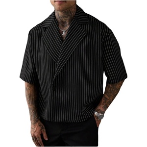 image:imageGORGLITTER Mens Striped Cropped Shirt Button Up Short Sleeve StreetwearBlack