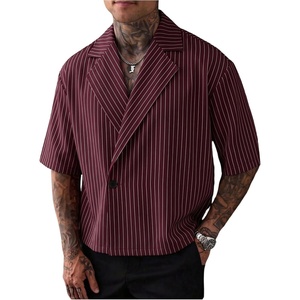 image:imageGORGLITTER Mens Striped Cropped Shirt Button Up Short Sleeve StreetwearBurgundy