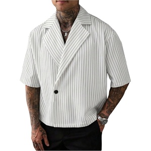 image:imageGORGLITTER Mens Striped Cropped Shirt Button Up Short Sleeve StreetwearWhite