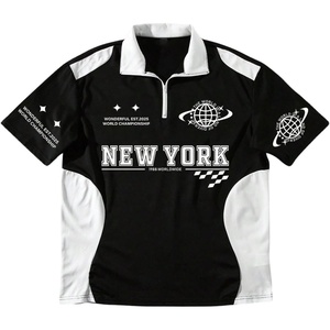 image:imageGORGLITTER Mens Y2K Graphic Tee Quarter Zip Color Block Short Sleeve Rave Boxy Collared Golf T Shirt StreetwearBlack and White