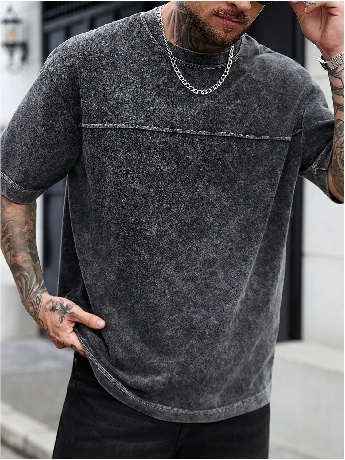 image:imageGORGLITTER Mens Oversized Short Sleeve TShirt Y2K Vintage Acid Washes TeeBlack