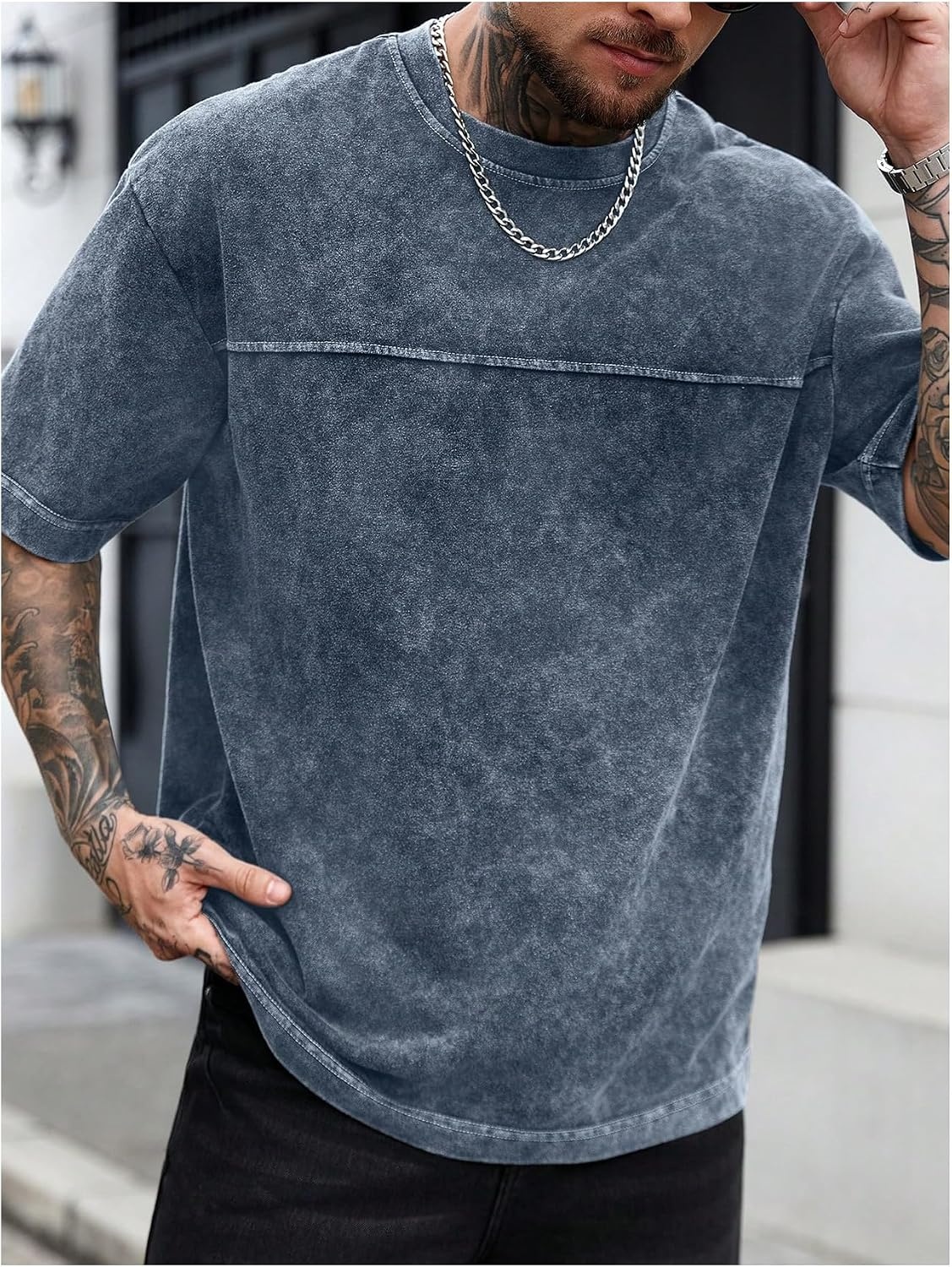 image:imageGORGLITTER Mens Oversized Short Sleeve TShirt Y2K Vintage Acid Washes TeeBlue