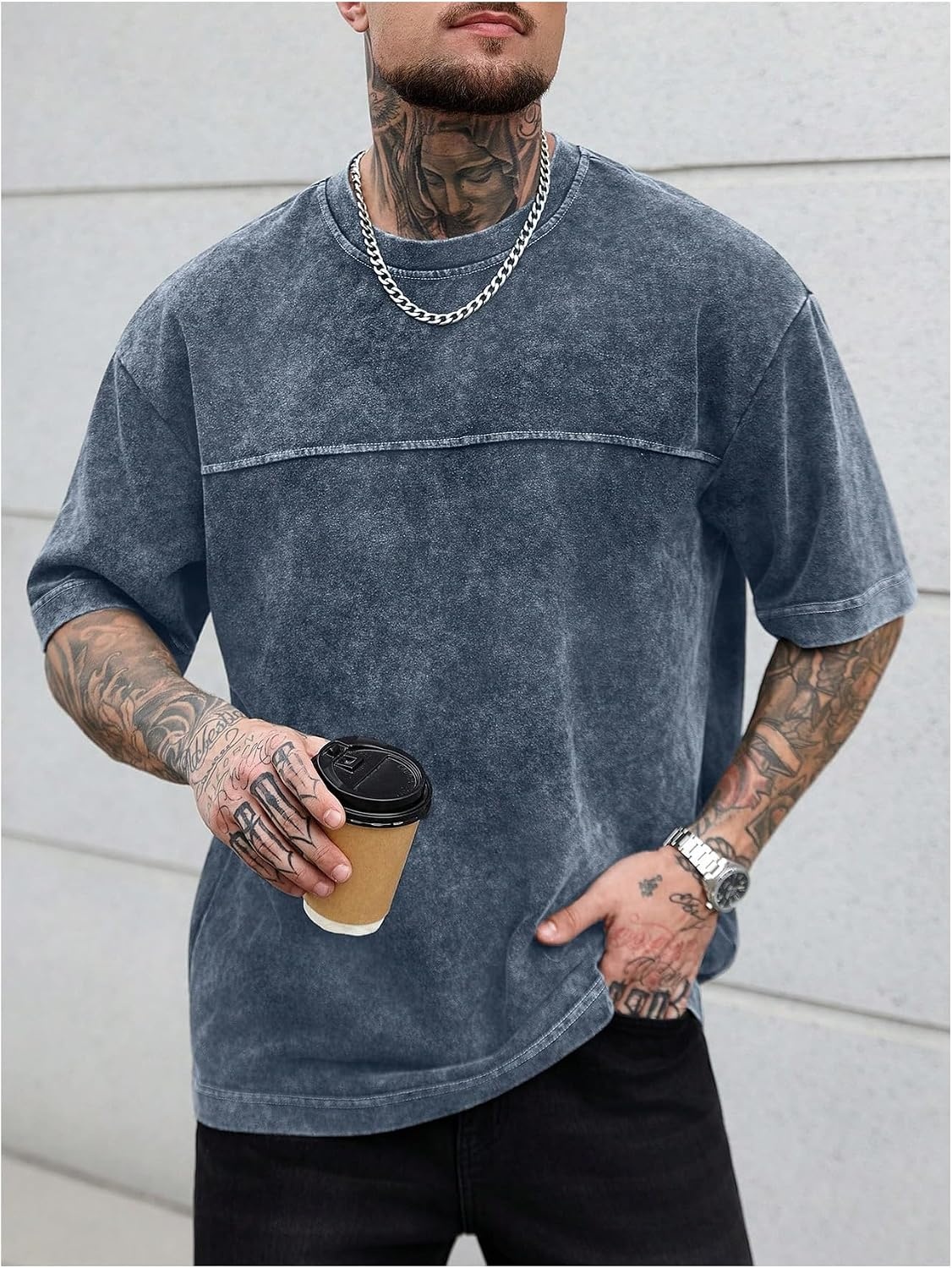image:imageGORGLITTER Mens Oversized Short Sleeve TShirt Y2K Vintage Acid Washes TeeBlue