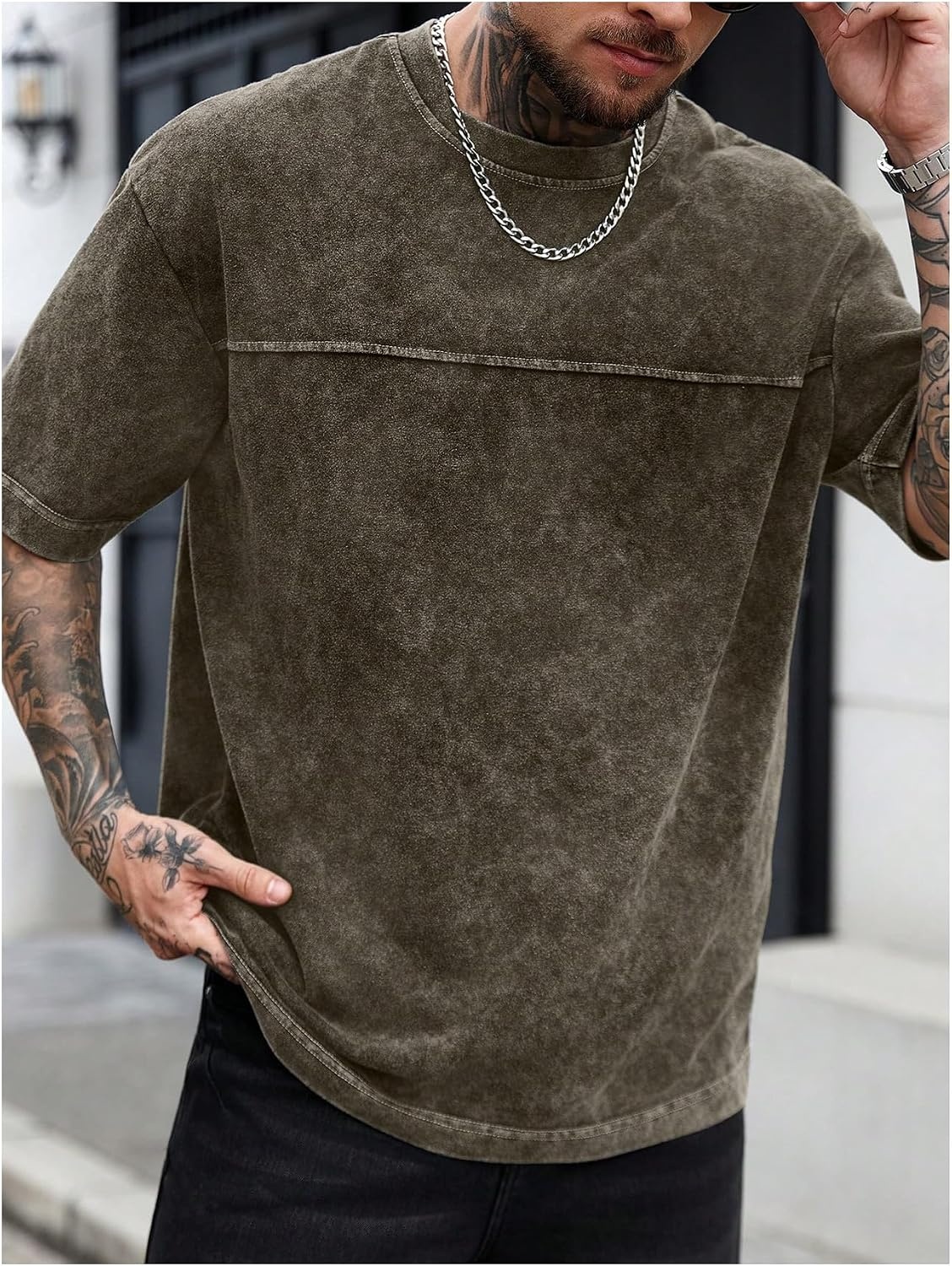 image:imageGORGLITTER Mens Oversized Short Sleeve TShirt Y2K Vintage Acid Washes TeeBrown