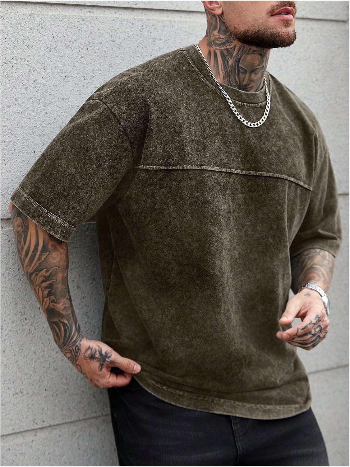 image:imageGORGLITTER Mens Oversized Short Sleeve TShirt Y2K Vintage Acid Washes TeeBrown