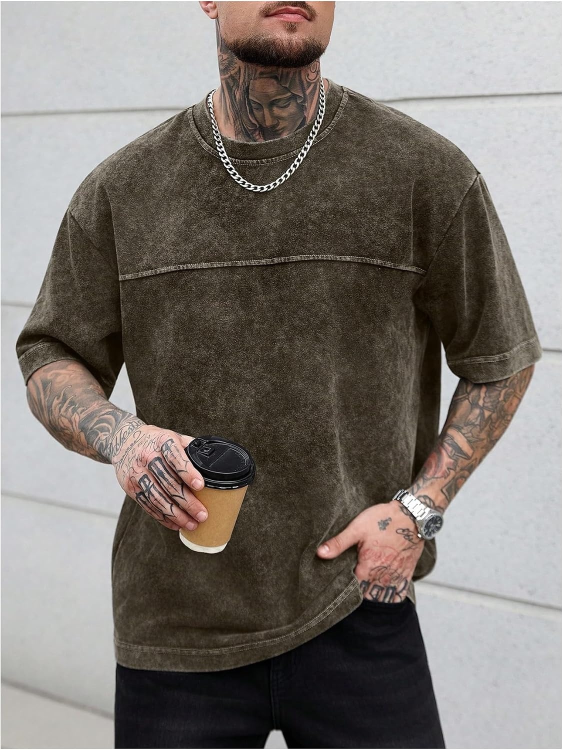 image:imageGORGLITTER Mens Oversized Short Sleeve TShirt Y2K Vintage Acid Washes TeeBrown