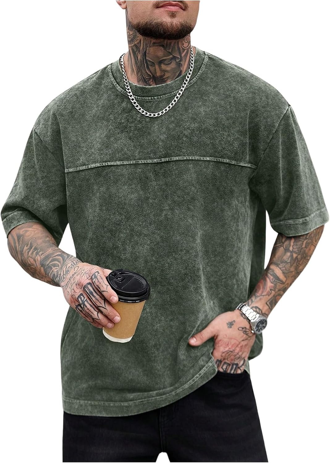 image:imageGORGLITTER Mens Oversized Short Sleeve TShirt Y2K Vintage Acid Washes TeeGreen