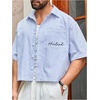 image:imageGORGLITTER Mens Cropped Button Up Shirts Short Sleeve Boxy TeesBlue