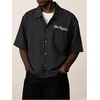 image:imageGORGLITTER Mens Embroidered Striped Letter Boxy Cropped Button Up ShirtsBlack