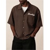 image:imageGORGLITTER Mens Embroidered Striped Letter Boxy Cropped Button Up ShirtsBrown Vintage