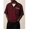 image:imageGORGLITTER Mens Embroidered Striped Letter Boxy Cropped Button Up ShirtsBurgundy