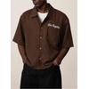 image:imageGORGLITTER Mens Embroidered Striped Letter Boxy Cropped Button Up ShirtsCoffee Brown