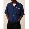 image:imageGORGLITTER Mens Embroidered Striped Letter Boxy Cropped Button Up ShirtsDark Blue