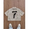 image:imageGORGLITTER Mens Y2K Striped Cropped Shirts Short Sleeve Button Up Crop TopKhaki