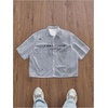 image:imageGORGLITTER Mens Y2K Striped Cropped Shirts Short Sleeve Button Up Crop TopWhite and Grey