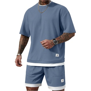image:imageGORGLITTER Mens 2 Piece Short Set Waffle Knit Oversized T Shirt and ShortsDusty Blue