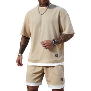 image:imageGORGLITTER Mens 2 Piece Short Set Waffle Knit Oversized T Shirt and ShortsKhaki